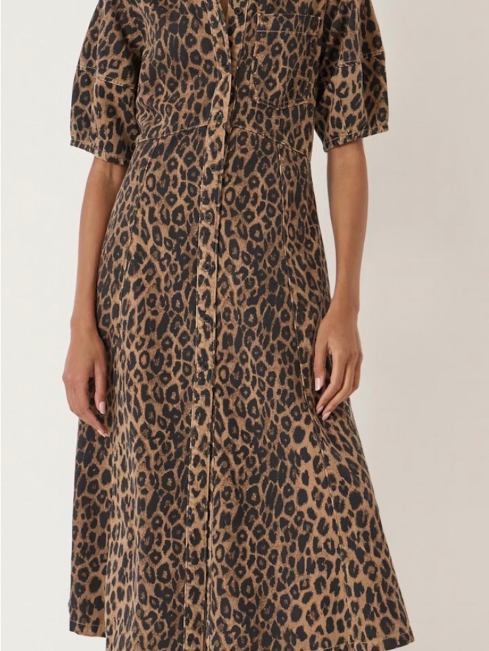 HUSH lark barrel sleeve denim dress, in natural leopard brown